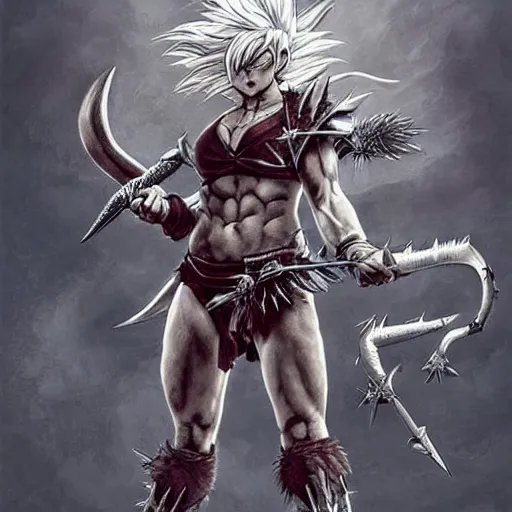 Prompt: realistic art style, warrior girl, muscular girl, wild spiky red saiyan hair, long spiky hair, electrified hair, holding scimitar made of bone, scimitar, sword, jagged sword, curved sword, orkish sword, colorized, gray skin, hyper - detailed, primeval fantasy, prehistoric fantasy, art by jacques - louis david