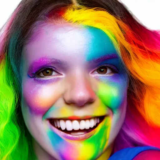 Prompt: smiling woman with rainbow hair and rainbow makeup, viscous rainbow paint, rainbow bg, portrait.