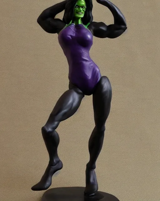 Prompt: maquette sculpture of the gorgeous she hulk, she is wearing a purple one piece swimsuit, she is tall, very fit and extremely muscular, she has green skin all over her body, long black shiny hair, hyperreal, highly detailed, in the style of sideshow collectibles, soft focus, bokeh