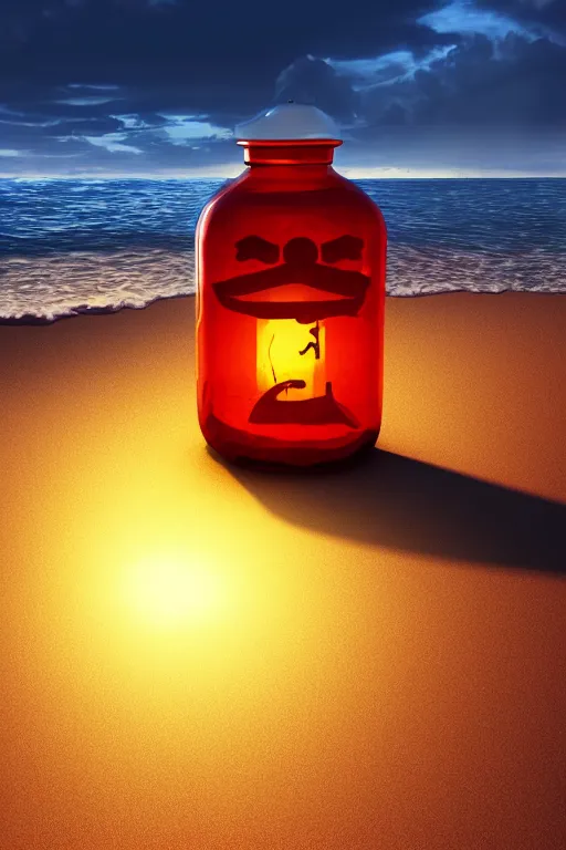 Prompt: photograph of a glass jar with a pirate ship inside, buried in sand on a beach. quiet sunset in the background. soft golden red lighting. hyperrealistic, cgsociety, 8 k, beautiful digital painting