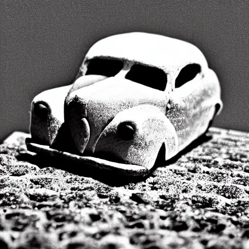 Image similar to car in bread, photograph, 4 k black and white photograph