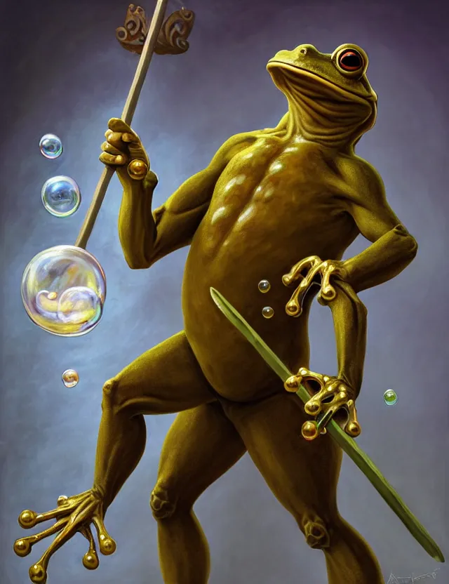 Image similar to anthropomorphic bipedal frog that is dressed as a renaissance monk fighter, and holding a thick staff, as a matte oil painting and d & d character art, by alex grey, standing, fullbody, floating bubbles, mystic, fog, fractals, spirals, concept art, award - winning, extremely detailed, sharp focus