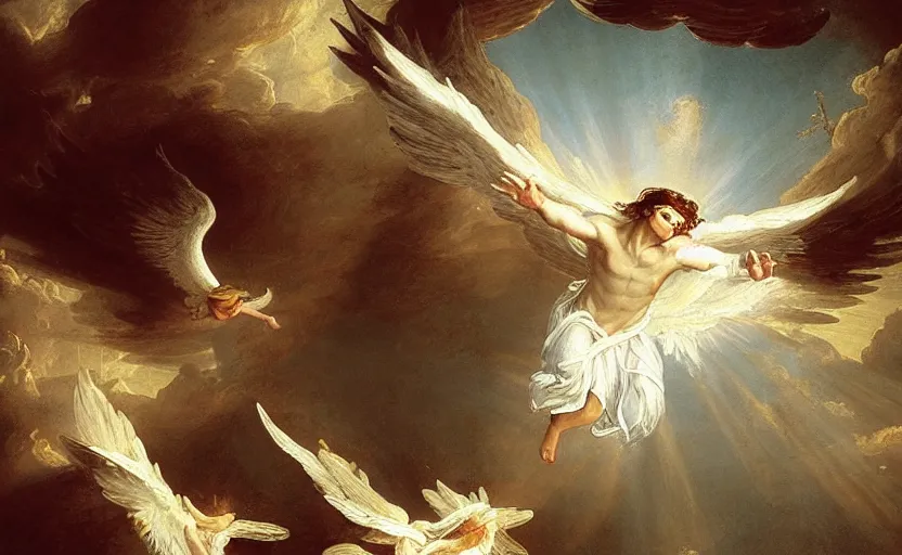 Prompt: a beautiful male angel wearing white angelic clothes flying among heaven and hell painted by thomas cole