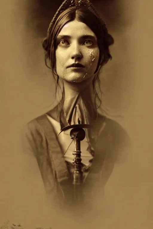 Prompt: wet plate photograph portrait of a victorian woman with a car head for her head, dressed in a victorian - era clothing, dramatic lighting, highly detailed, digital painting, artstation, concept art, smooth, sharp focus, illustration, art by wlop, mars ravelo and greg rutkowski