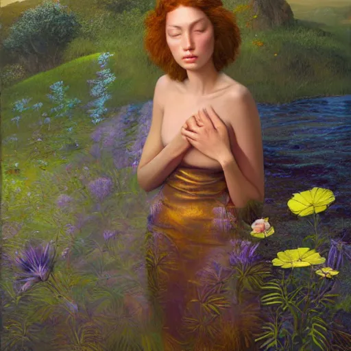 Prompt: A beautiful portrait of a woman with iridescent skin in a scenic environment by James C. Christensen