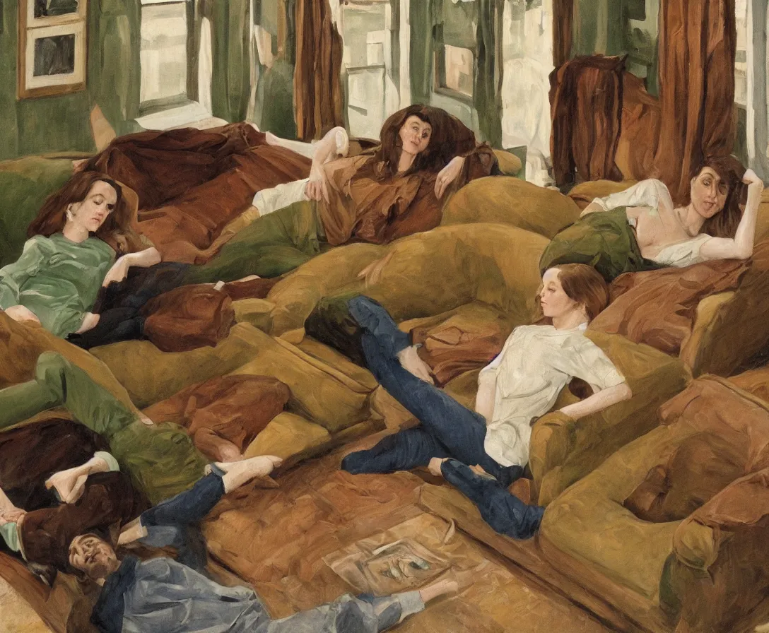 Image similar to portrait of bella and esther lying horizontal, in an old english apartment on a brown leather sofa. one is wearing a dark blue sweather, the other a white shirt. brown hair, they are looking into the camera. wide shot. in the style of lucien freud. oil painting. green mood. isometric perspective