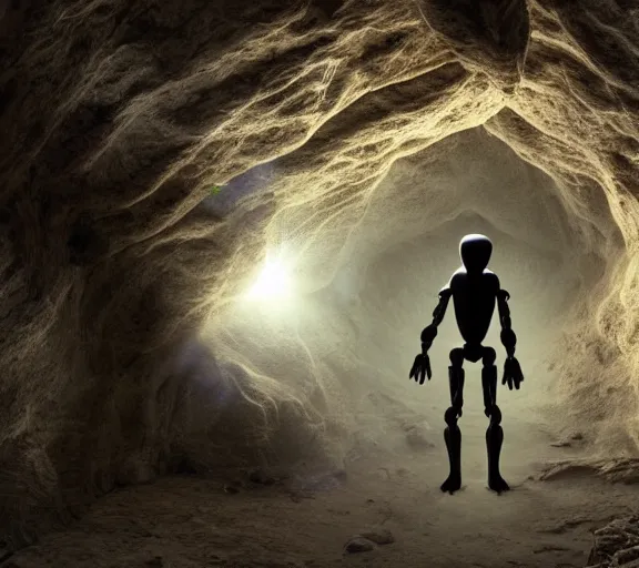 Prompt: humanoid alien walking trough a beautiful cave, xyz(020) H 576