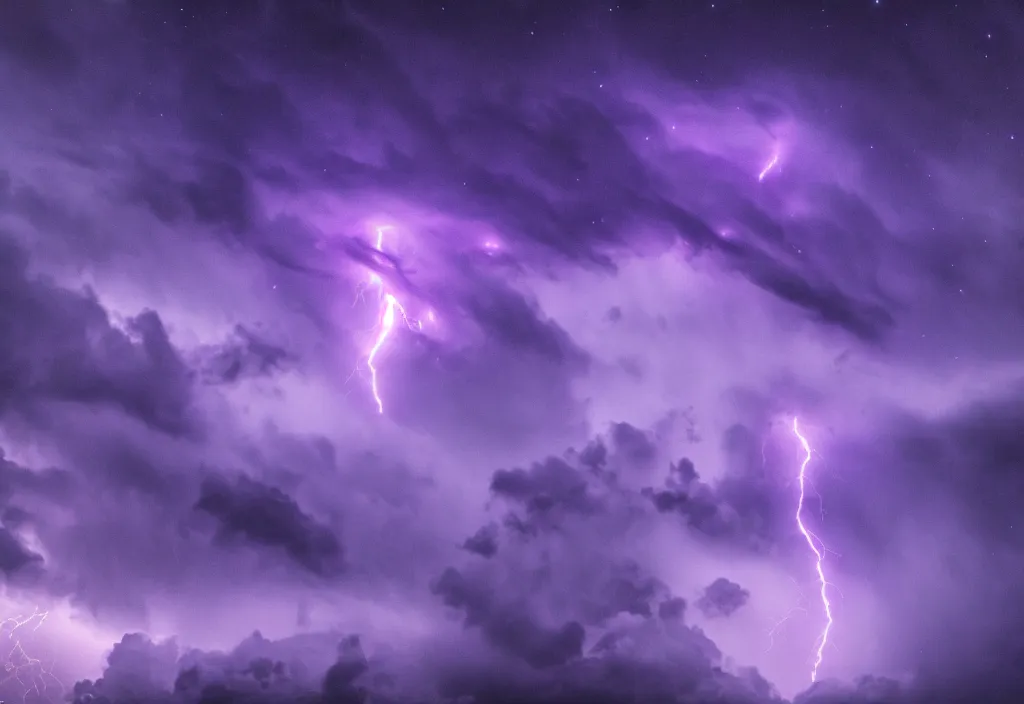 Image similar to purple color lighting storm with stormy sea, pirate ship firing its cannons real life trippy nebula sky 50mm shot