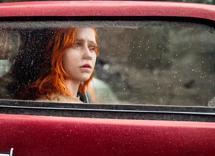 Image similar to A very high resolution image from a new movie, inside of a car, red hair woman, raining, hot, directed by wes anderson