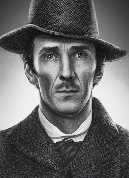Prompt: Sherlock Holmes, hyper realistic, portrait, deerstalker, sunset, vivid, 4k, 8k