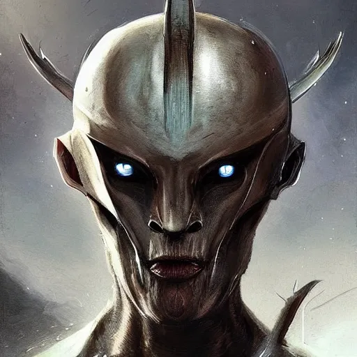 Image similar to Portrait of an alien man by Greg Rutkowski, a kind of humanoid feline, hard predatory look, with pointed ears, prominent jaw and visible fangs, wearing a futuristic space tactical gear that looks like a mix between the samurai, viking and templar aesthetics, mix between tribal and hi-tech, highly detailed portrait, scifi, space opera, digital painting, artstation, concept art, smooth, sharp foccus ilustration, Artstation HQ