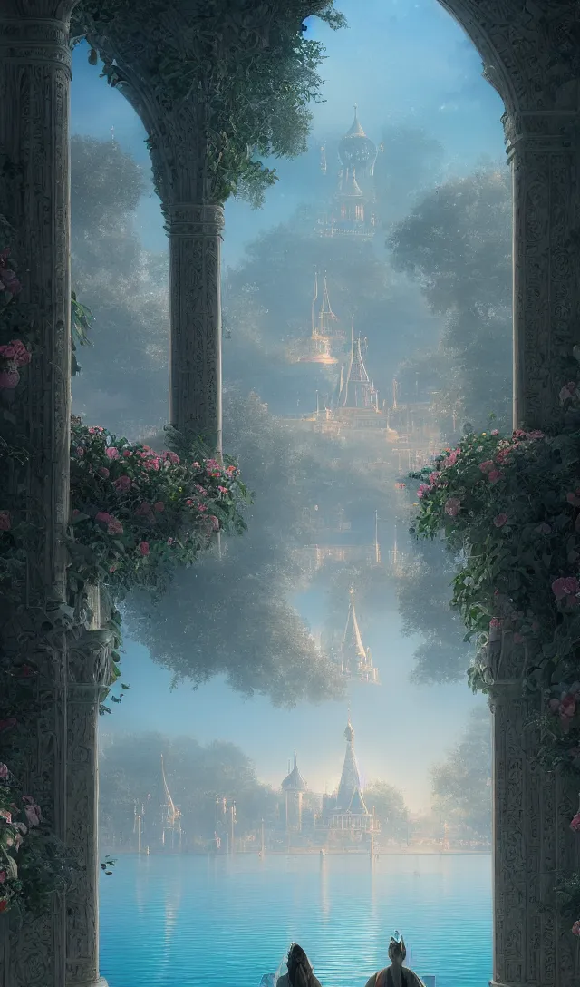 Image similar to vanishing point, palace like the kremlin in distance on a lake is covered with aqua blue roses, viewed from afar, stephen bliss, misty, unreal engine, fantasy art by greg rutkowski, loish, ferdinand knab, and lois van rossdraws,, global illumination, radiant light, minimalist, detailed and intricate environment