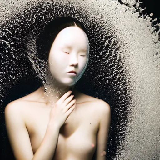 Prompt: beautiful woman in liquid fluid simulation, female upper body, beautiful supermodel, black wave patterns, cinematic light, cinestill, film still, body portrait, geisha, optical illusion, art noveau, female balaclava