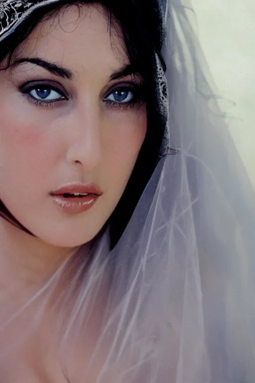 Prompt: young arab Monica Bellucci, blue eyes, long wavy black hair, white veil, closeup, focus, light makeup