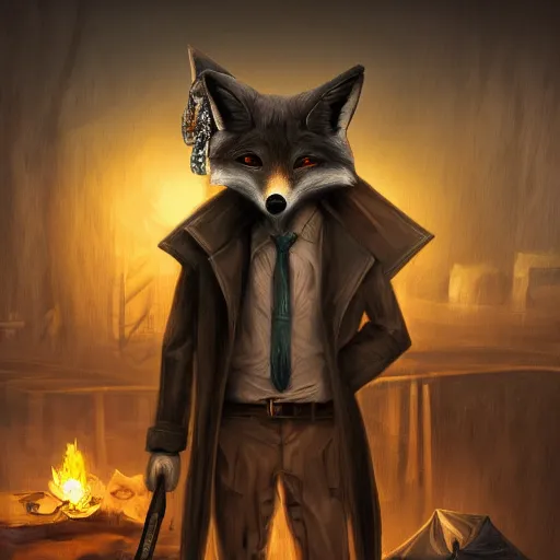 Image similar to humanoid fox detective in a homeless tent city with hobos.. dark, gothic. fine art, masterpiece digital painting, 4 k