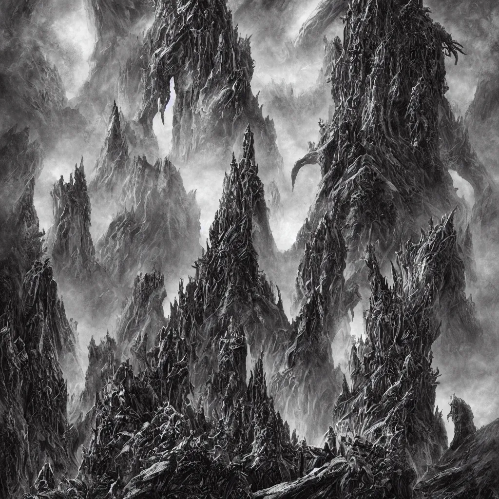 Image similar to dark alien castles, grotesque symmetrical towers and demonic tentacle dragon altars in the mountains of antarctica, upward cinematic angle, by rodney matthews, michael kaluta, stephen gammell and bill sienkiewicz, fantasy art, intense atmosphere, striking composition, ghost faces, monster statues, intricate, strange, ornate, digital art, hyperdetailed, colorful hyperrealism, blue and violet and snowy white color scheme, photorealism, 8k