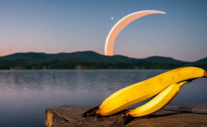 Image similar to a crescent moon as a banana over a lake, stunning photography