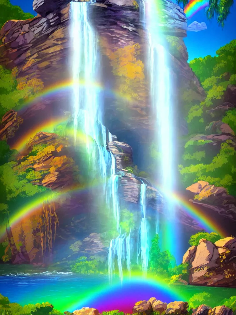 Prompt: artdeco illustration waterfall cascading onto rocks, small rainbow emerging in background, holographic, beautiful scenery,