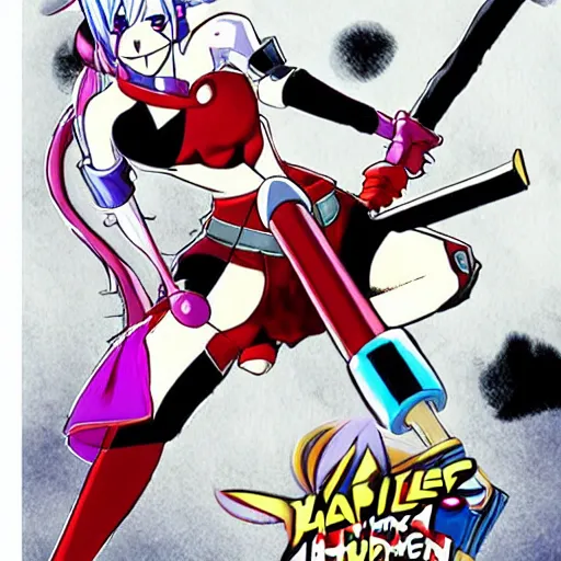 Prompt: anime harley quinn wielding a hammer, Miyazaki, dc comics, action,