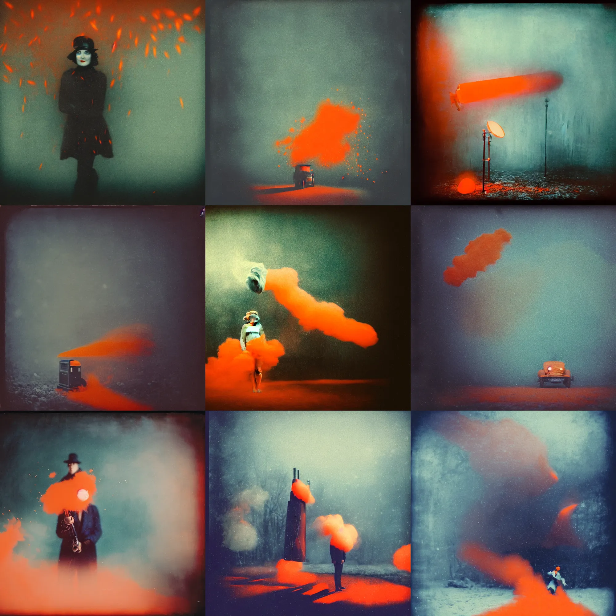 Prompt: kodak portra 4 0 0, wetplate, deep winter, muted colours, blueberry and orange and teal, movie clockwerk orange, 1 9 2 0 s style, motion blur, portrait photo of a backdrop, explosions, rockets, bombs, fog, by georges melies and by britt marling