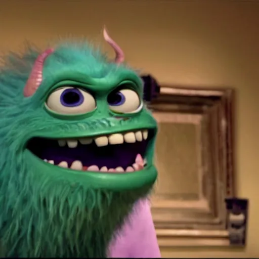 Image similar to Joe Biden is a happy monster with huge teeth in the movie Monsters Inc::several people are watching him laughing