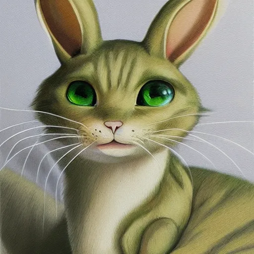 Image similar to realist detailed painting concept art of a cute beige cat with big green eyes, long floppy rabbit ears, and long tail, in the art style of nakanoart, ebbarie, kajenna