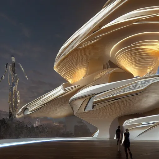 Image similar to a futuristic highly detailed temple to artificial intelligence designed by zaha hadid, humans pointing at a statue of an ai cyborg resembling athena, glowing lights, immersive experience, panoramic view, unreal engine