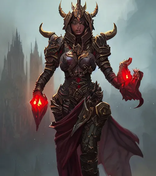 Image similar to demons, full armor, full body portrait, gentle, female, city landscape, d & d, fantasy, intricate, elegant, highly detailed, digital painting, red gold color palette, artstation, octane render, concept art, matte, sharp focus, illustration, hearthstone, art by artgerm and greg rutkowski and alphonse mucha