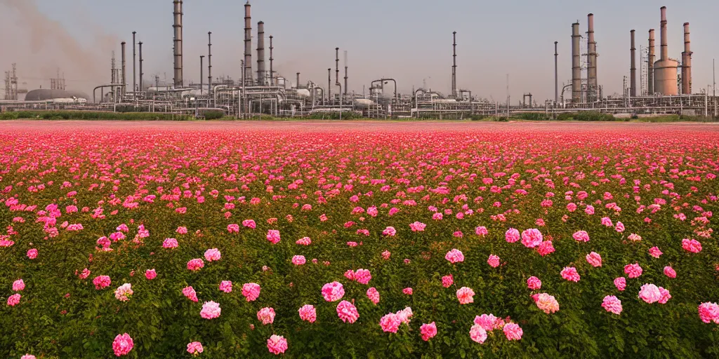 Image similar to a beautiful big field of rosses with in the background industry buildings with dirty smoke fire oil refinery, global illumination, by zeng fanzhi