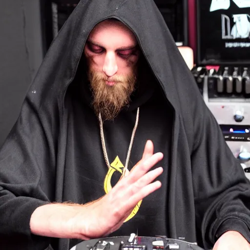 Image similar to baphomet wearing a dark hooded cloak on the dj decks