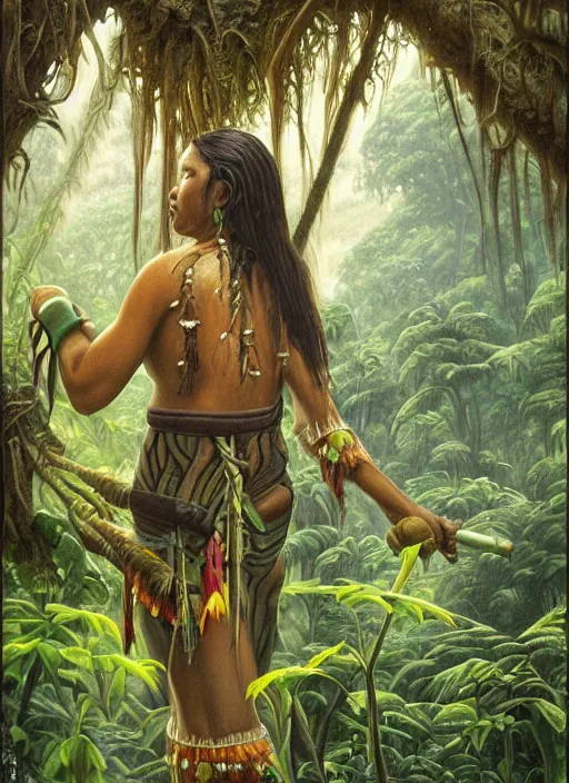 Image similar to a close up portrait of a beautiful indigenous preparing plants medicines in the jungle, highly detailed, art by christophe vacher