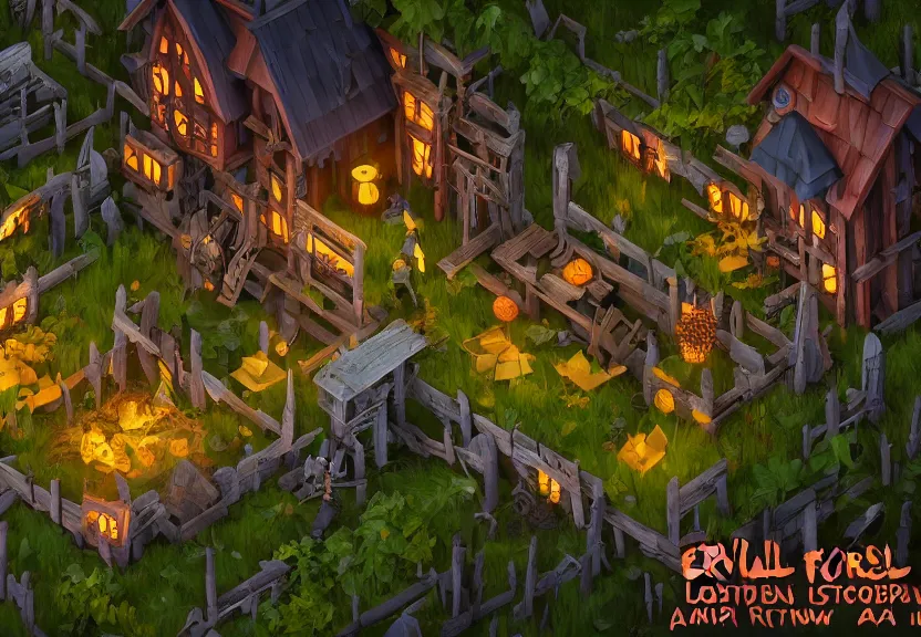 Prompt: evil forest halloween themed isometric game level, with detailed wood, lighting, toon shader, arnold maya render, artstation by miha rinne