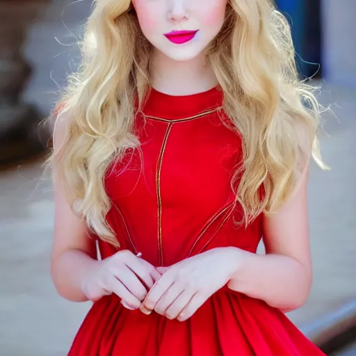 Prompt: beautiful gorgeous cute young elf princess Anna Taylor-Joy blonde hair blue eyes blushed in red dress