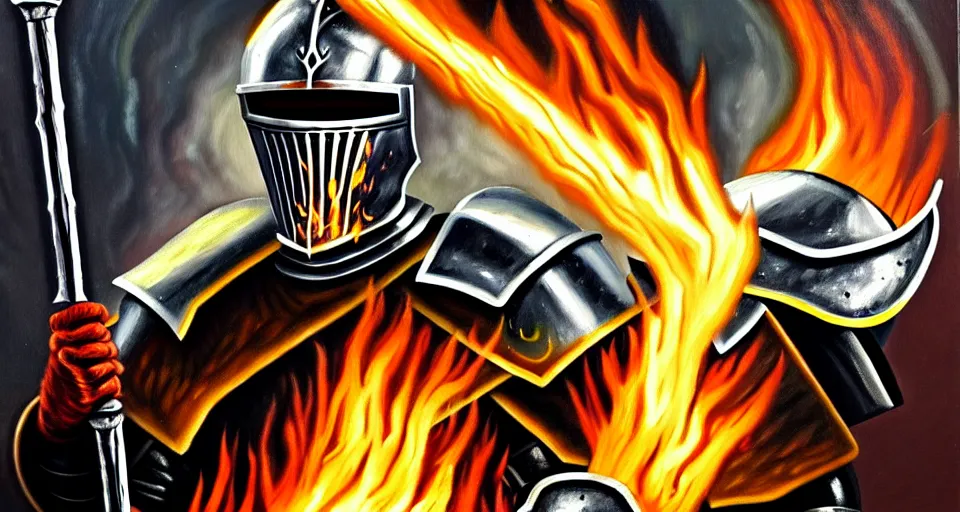 Image similar to An oil painting of a knight in dark metal armor wielding a flaming sword