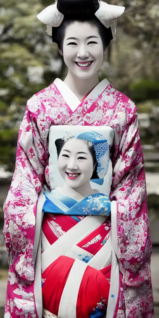 Image similar to A photo of young Japanese geisha smiling at camera and wearing T-shirt