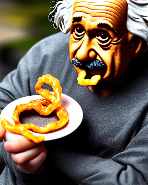 Image similar to A photo of Albert Einstein eating jalebi, highly detailed, trending on artstation, bokeh, 90mm, f/1.4