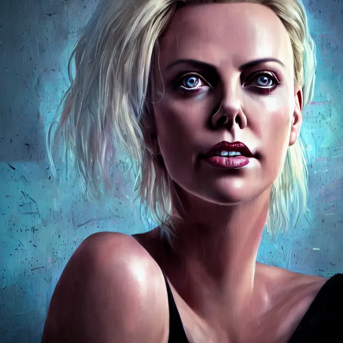 Image similar to portrait of charlize theron as a punk rock girl. intricate abstract. intricate artwork. by tooth wu, wlop, beeple, dan mumford. octane render, trending on artstation, greg rutkowski very coherent symmetrical artwork. cinematic, hyper realism, high detail, octane render, 8 k, iridescent accents