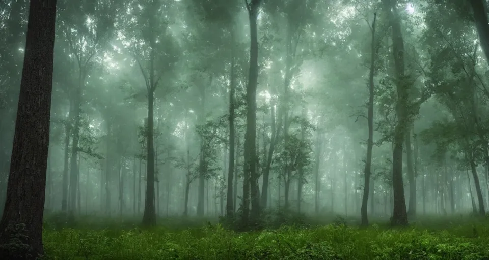 Image similar to a magical forest, thick fog, fireflies flying, big trees, epic lighting, cinematic 4K