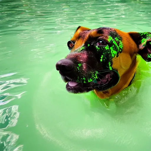 Image similar to dog swimming in green acid, 4k animal photography award-winning