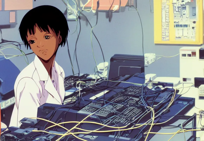 Prompt: dark skin woman wearing a white lab coat with a blue haircut, body connected to wires and surrounded by 1 9 8 0 s computers, painted by yoshitoshi abe and makoto shinkai, in the style of serial experiments lain and gainax evangelion 1 9 9 5, dynamic lighting, dark ambience, cell - shaded, detailed face, retro tech