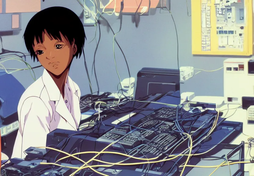 Image similar to dark skin woman wearing a white lab coat with a blue haircut, body connected to wires and surrounded by 1 9 8 0 s computers, painted by yoshitoshi abe and makoto shinkai, in the style of serial experiments lain and gainax evangelion 1 9 9 5, dynamic lighting, dark ambience, cell - shaded, detailed face, retro tech