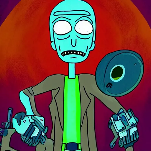 Image similar to portrait of alien rick holding a cybernetic rifle, rick and morty forever and forever a hundred years! g