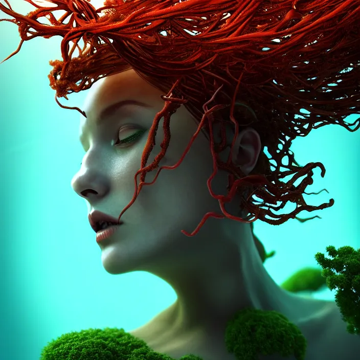 Prompt: female android dryad standing, entwined by seaweed and coral, deep ocean, surreal, light shining through, hyper - realistic, highly detailed, sharp focus, smooth, intricate, octane render