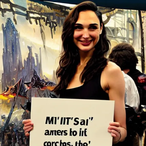 Image similar to Gal Gadot holding a sign that says M I T C H I E P O O !!!! as painted by Ralph Horsley