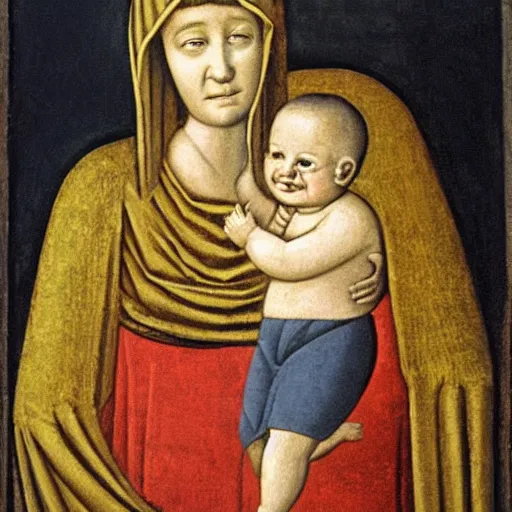 Image similar to painting of a baby that looks like benjamin netanyahu smiling while being held by his mother, by duccio