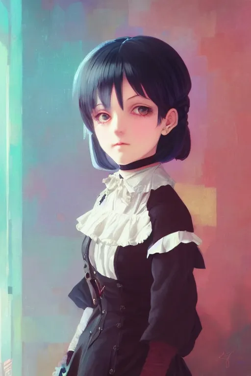 Image similar to a portrait of a cute young Victorian maid with black bob cut hair, steampunk setting, vivid colors, soft lighting, atmospheric, cinematic, moody, in the style of Ilya Kuvshinov and Range Murata, Krenz Cushart, oil on canvas, 8k