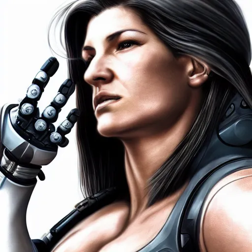 Image similar to beautiful digital painting of gina carano with a robotic cybernetic metallic grey arm, cyberpunk, highly detailed, hyperrealism, concept art, 8 k