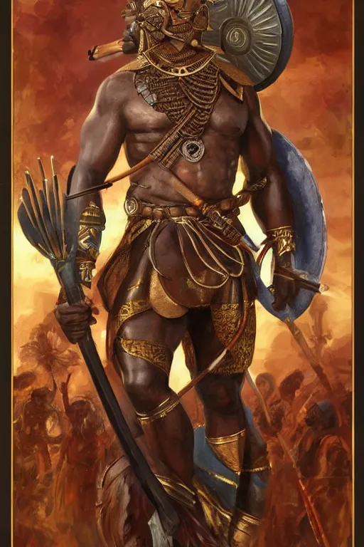 Image similar to ogun with a great spear, African warrior deity with tribal marking and golden armor, orisha God hunters and craftsmen, strong masculine features, menacing cinematic mid portrait, digital illustration, octane render trending on arstation by artgerm, raphaelite and mucha