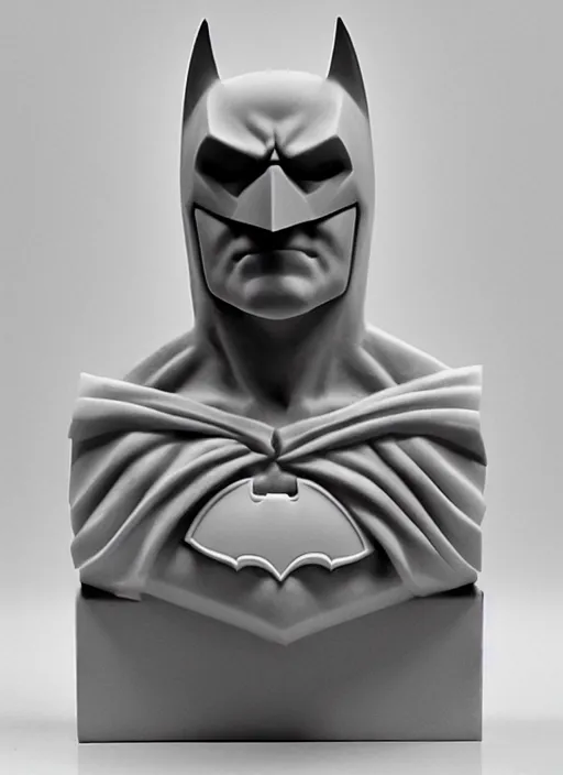 Prompt: an orthographic bust white marble sculpture of batman, by Wes Anderson