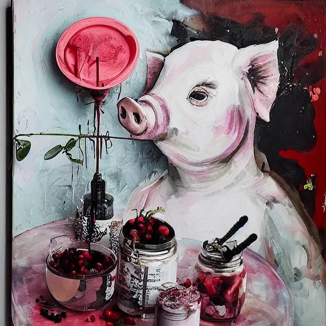 Image similar to “ a portrait in a female art student ’ s apartment, a pig theme, syringe, anaesthesia, art supplies, surgical iv drip, octopus, ikebana, herbs, a candle dripping white wax, squashed berries, berry juice drips, acrylic and spray paint and oilstick on canvas, surrealism, neoexpressionism ”